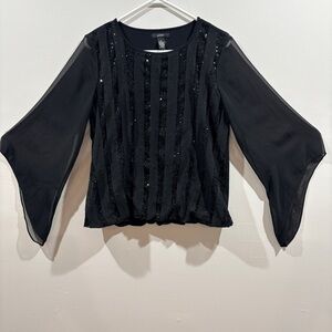 Women’s Black Sequin Blouse Holiday Party Top Sheer Bell Sleeve Size M